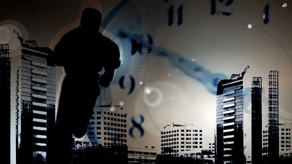 Person running across cityscape with clock in background